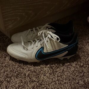 Nike White Black Soccer Cleats with Blue Trim